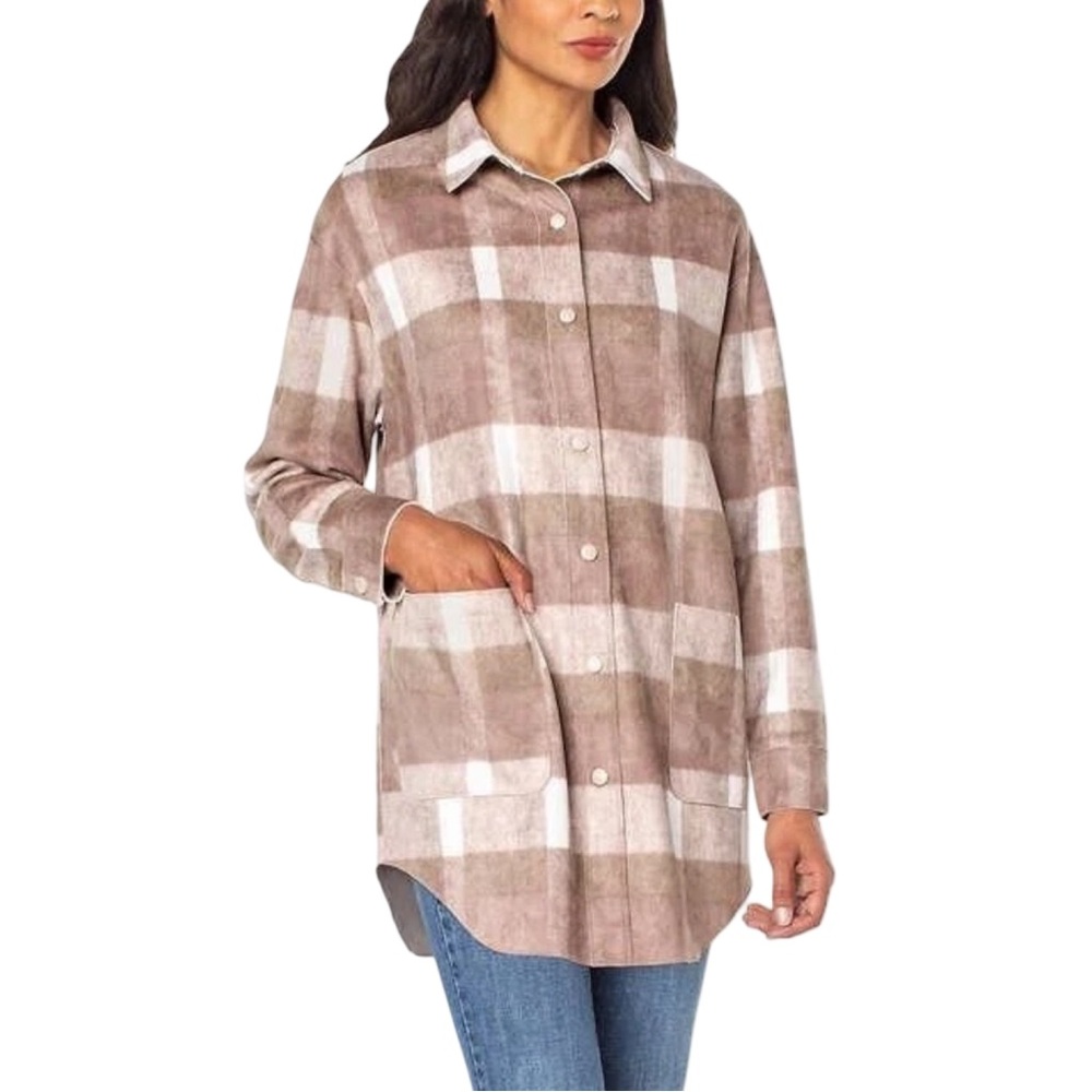 Well Worn Women's Beige Cream Soft Plaid Button Up Shacket Shirt Jacket EUC